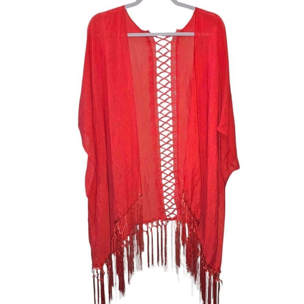 Boho Festival Coverup Kimono Hippie Fringe Lace-Up Back Romantic Coral Trim Good
